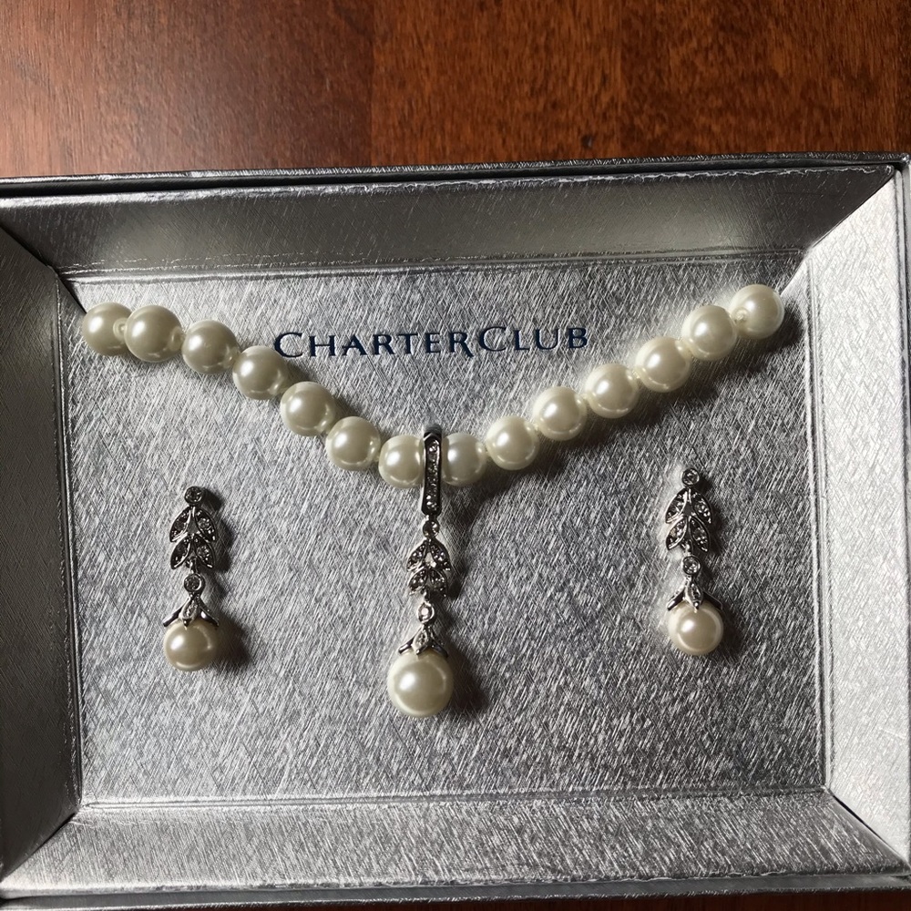 Imitation Pearl necklace and Pave earrings